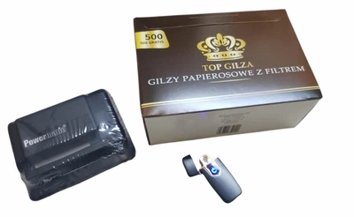 Цигарні гільзи з фільтром для набивання самокруток тютюном Top Gilza коричневі 500 шт. +Машинка поршнева Powermatic mini USA для набивання сігаретних гільз+ Електро запальничка