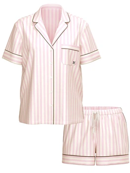 Сатиновая пижама Victoria's Secret Glazed Satin Short Pajama Set — Signature Stripe - Розовая полоска - XS