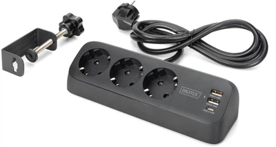Мережевий подовжувач Digitus на 3 розетки з USB (2x USB-A + USB-C 30W), настільний, з кріпленням до столу, 1.5 м Black (DA-70625)