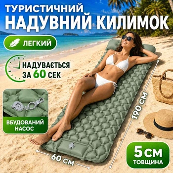 Надувной туристический коврик каремат 40DNylon TPU 190х60х5см надувной матрас для палатки, пляжа, кемпинга и ативного отдыха
