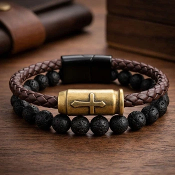 Браслет мужской Bullet из лавового камня и плетенного кожаного шнура с латунной бусиной
