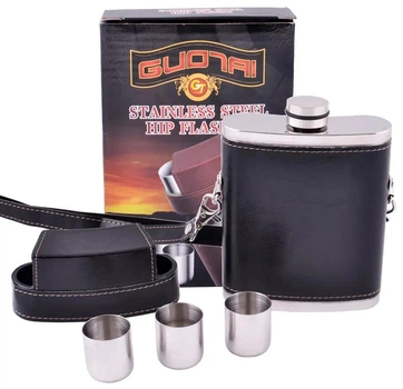 Фляга з харчової нержавіючої сталі обтягнута шкірою (256мл/9oz.) + чарки BZ-9 чорна