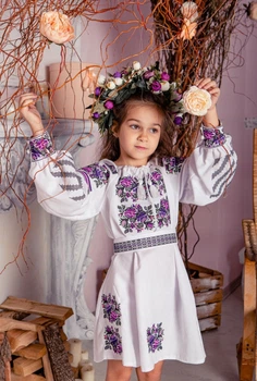 Сукня для дівчинки Шик домоткане полотно біло-фіолетова 146