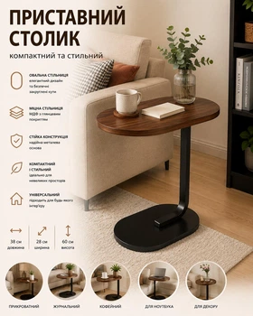 Кофейный/журнальный/приклежечный столик на одной ножке с овальной столешницей, коричневый, 38×28×60 см
