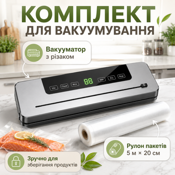 Комплект вакууматор для еды с резаком и рулоном пакетов 5 м × 20 см