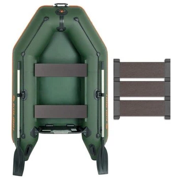 Легкая надувная лодка Kolibri КМ-245 + Пайол слань-коврик, двухместная, моторная, трехсекционная, 100 х 53 х 33 см, 29 кг, зеленая
