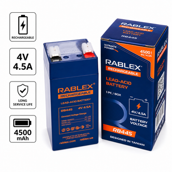 Аккумулятор свинцово-кислотный Rablex RB445, 4V 4.5Ah (4500 mAh), перезаряжаемый аккумулятор для фонарей, весов