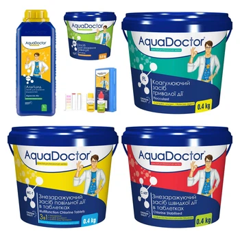 Набір хімії для басейну AquaDoctor 6 в 1 (Альгіцид, pH Minus, Хлор швидкої та повільної дії, Коагулянт, Тестер)