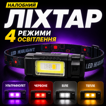 Налобный фонарь с ультрафиолетом BL 125 УФ, красный, белый свет Type-C аккумулятор