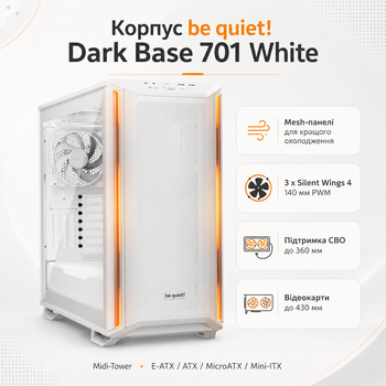 Корпус для ПК be quiet! Dark Base 701 Midi-Tower без БЖ E-ATX/ATX/MicroATX/Mini-ITX ARGB White (BGW59)