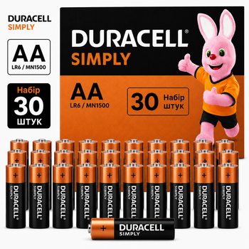 Батарейки Duracell Simply AA (LR6/MN1500) 1.5V, набор 30 ШТУК, щелочные элементы питания, срок до 2035 года