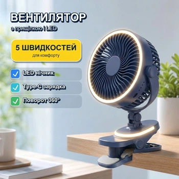 Багатофункціональний портативний вентилятор з прищіпкою, LED нічником, Type-C зарядкою і 5 швидкостями синій
