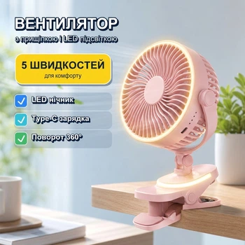 Багатофункціональний портативний вентилятор з прищіпкою, LED нічником, Type-C зарядкою і 5 швидкостями Fan F-2 LY-850 розовий