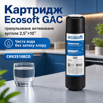 Вугільний картридж Екософт 2,5"х10" з гранульованим активованим вугіллям від хлору та органіки