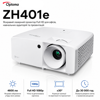 Проектор лазерний Optoma ZH401e DLP FHD 4600 ANSI лм HDMI VGA LAN White (E3P7PK1E117)