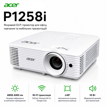 Проектор Acer P1258i DLP XGA 4800 ANSI лм HDMI VGA Wi-Fi White (MR.JYF11.001)