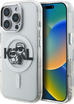 Etui plecki Karl Lagerfeld IML Glitter Karl & Choupette Sketch Logo MagSafe do Apple iPhone 16 Pro Max Transparent (KLHMP16XHGKCGKBT)