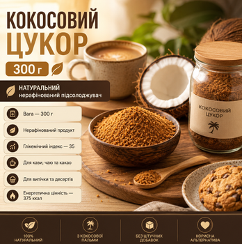 Сахар натуральный кокосовый 300 г нерафинированный заменитель сахара подсластитель для кофе чая выпечки