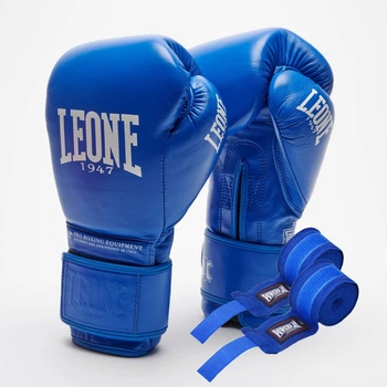 Боксерские перчатки Leone GN111 THE GREATEST Blue 16 унций (бинты 4 м. в комплекте)