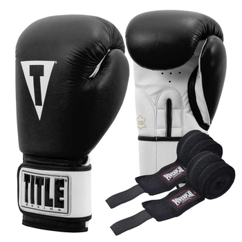 Боксерские перчатки TITLE Premier Leather Black/White XL 16 oz (бинты 4м. в комплекте)