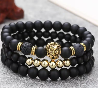 Комплект браслетів з натуральних каменів з левом Set with Lion Head чорний із золотистим