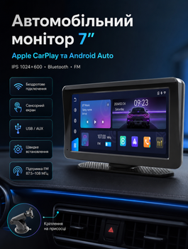7-дюймовый сенсорный автомобильный мультимедийный монитор IPS 1024x600 с беспроводным CarPlay и Android Auto Bluetooth для звонков FM USB AUX питание Type-C от прикуривателя