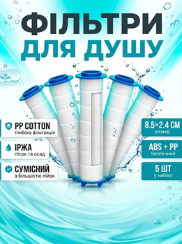 Комплект змінних картриджів для душу 8.5 × 2.4 см 5 шт універсальні фільтри очищення води від іржі та домішок
