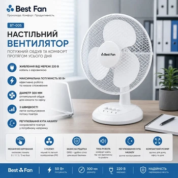 Настольный вентилятор Best Fan BT-005 50 Вт, Ø30 см, 3 скорости, поворот 90°