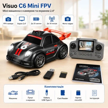 Машинка на радиоуправлении Visuo C6 Mini FPV 1:32 Black – Мини RC автомобиль для дрифта с HD-камерой, FPV, экраном 2.4", 2WD, до 25 минут, до 30 м