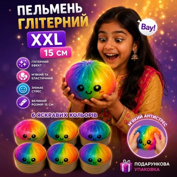 Мягкий антистресс Гигант пельмень в коробочке игрушка сквиш dumplings squishy с глиттером цвет сюрприз размер 15см радужные