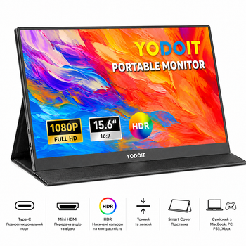 Портативный монитор Yodoit 15.6" IPS Full HD Сенсорный мобильный второй экран Type-C Mini HDMI Smart Cover Черный