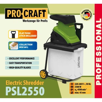 Подрібнювач гілок Procraft PSL2550, 2500 Вт, контейнер 60 л, максимальний діаметр гілок 45 мм