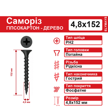 Шуруп-саморез по дереву черный 4,8х152 мм PH2, фосфатированный, 200 шт.