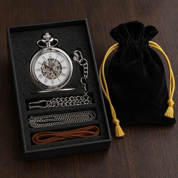 Механические карманные часы Skeleton серебристый с цепочкой, подарочная коробка (2381)