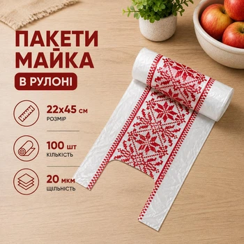Пакет майка в рулоні з малюнком вишиванка 22x45 см 100 шт
