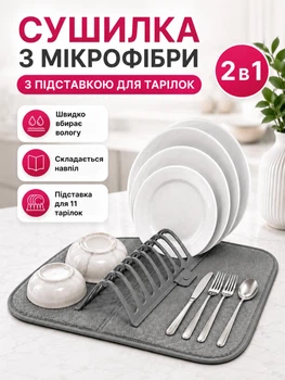 Сушилка-коврик для посуды из микрофибры складная с держателем для тарелок, чашек и столовых приборов Jimbo 09