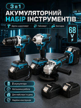 Аккумуляторный набор инструментов 3 в 1: шуруповерт, гайковерт и болгарка с бесщеточным двигателем, 2 аккумулятора 4.0Ah, диском 125 мм, кейс для удобного хранения