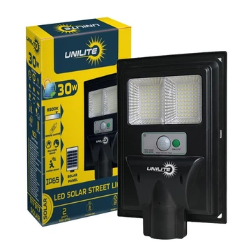 LED вуличний світильник на сонячній батареї UNILITE 30W 6500K, Акумулятор: 3.2V, 4.5Аh Сонячна панель: 6V, 4W, з датчик руху,