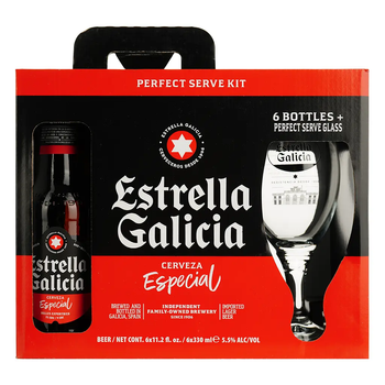 Упаковка пива Estrella Galicia EG Especial крафтовое светлое 5.5% 0.33 л х 6 шт. + бокал (8412598005718)