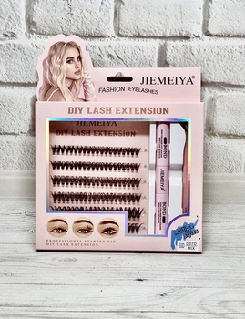 Набор пучковых ресниц JIEMEIYA DIY Lash Extension 50D (10 мм, 12 мм, 14 мм) с клеем и пинцетом