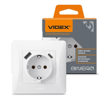 Розетка одинарная с заземлением из USB+USB-C белая VIDEX BINERA