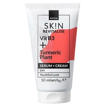 Денний крем-сироватка для обличчя Avon Skin Revitalise Vit B3 + Turmeric Plant Serum + Cream Day Youthful Look з вітаміном В3 та куркумою Відновлення 50 мл