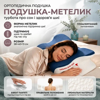Ортопедична подушка з ефектом пам'яті для сну, анатомічна подушка-метелик для підтримки шиї, від болю та хропіння, синьо-біла