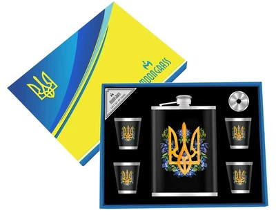 Подарунковий набір "Тризуб" 6в1 чорний (фляга, 4 чарки, лійка) Гранд Презент WKL-096
