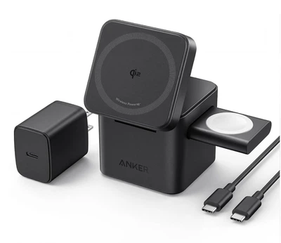 Зарядное устройство Anker Cube 3-in-1 Qi2 MagSafe обновлена быстрая версия для iPhone, Apple Watch, AirPods - Black