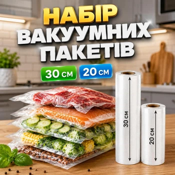 Набор вакуумных пакетов 30 и 20 см шириной для вакуумного упаковщика пищевых продуктов, 2 рулона по 5 метров