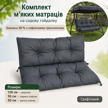 Комплект м'яких матраців на садові гойдалки 130*50*50, каретна стяжка на ґудзиках, графіт