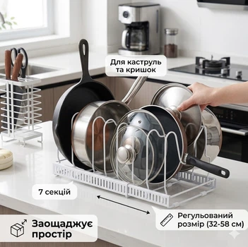 Раздвижной органайзер для крышек, кастрюль и сковородок, 7 секций, длина регулируемая 32–58 см. Белая, (O3-03876.white)