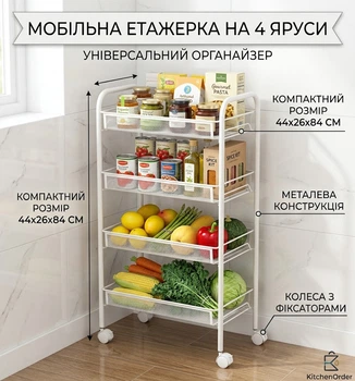 Мобильная металлическая полка на колесах, 4 ящика, органайзер для хранения 44*26*84 см, универсальный визок для кухни, ванной и офиса. Белая, (K4-03697.white)