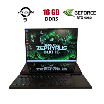 Ігровий ноутбук Б-клас Asus ROG Zephyrus DUO 16 GX650PZ / 16" (2560x1600) IPS / AMD Ryzen 9 7945HX (16 (32) ядер по 2.5 - 5.4 GHz) / 16 GB DDR5 / 1000 GB SSD / nVidia GeForce RTX 4080, 12 GB GDDR6, 192-bit / WebCam б/в